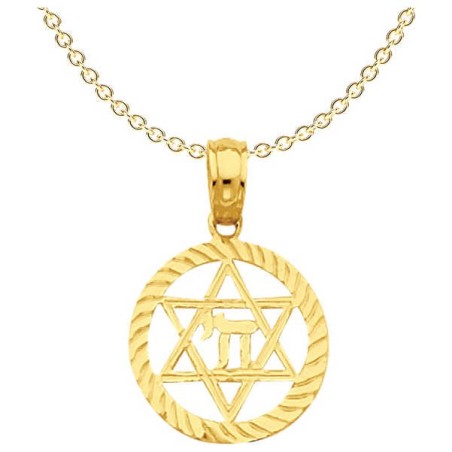 14k Yellow Gold Star of David and Chai Circle Pend | Jewelry | Judaica