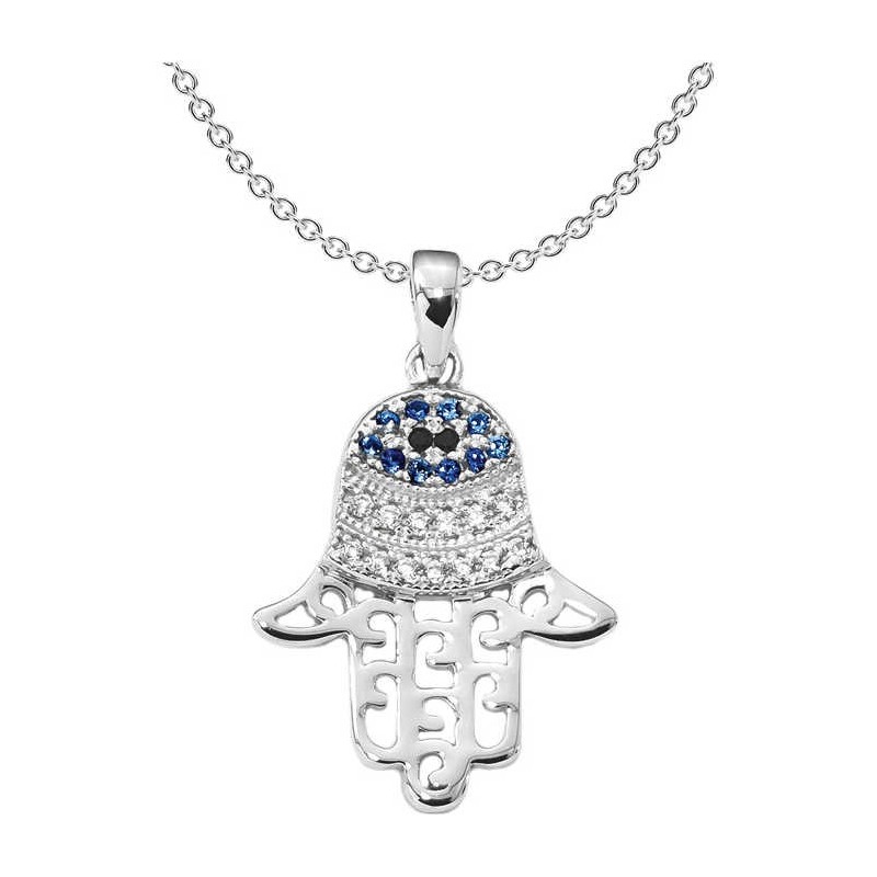 Sterling Silver Colored CZ Eye Hamsa Pendant | Jewelry | Judaica