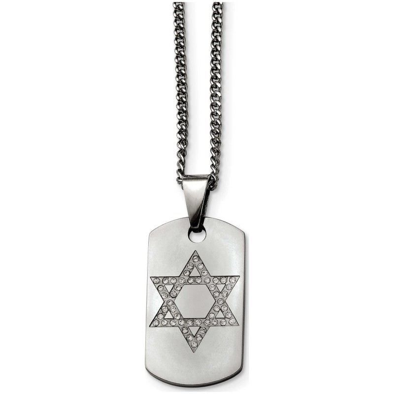 Stainless Steel Star of David CZ Dog Tag Polished  | Jewelry | Judaica