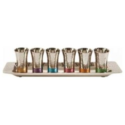 Set of 6 Hammered Small Cups and Tray - Multicolor | Kiddush Cups | Ju