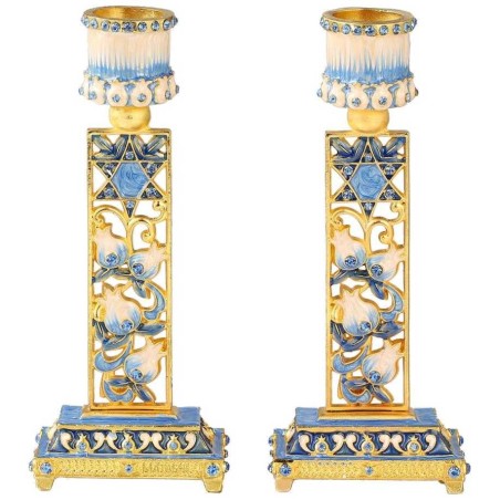 Teal & Ivory Hand Painted Pomegranate Candlesticks | Candle Holders |