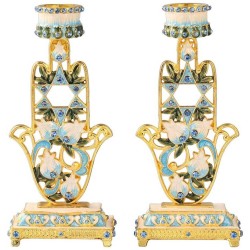 Teal & Ivory Hand Painted Hamsa Candlesticks with  | Candle Holders |