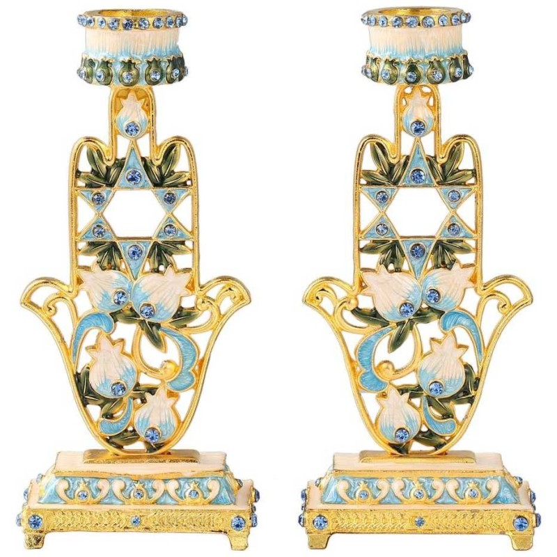 Teal & Ivory Hand Painted Hamsa Candlesticks with  | Candle Holders |