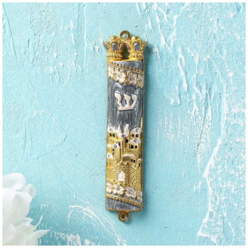 Gold and Gray Hand Painted Jerusalem Design Crysta | Mezuzahs | Judaic