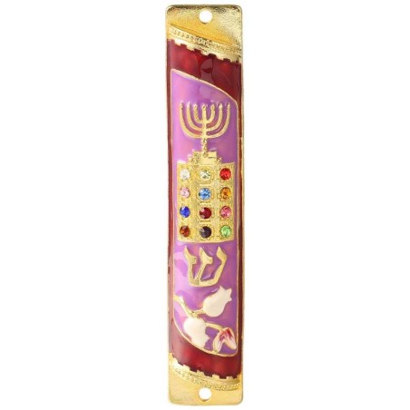 Crystaled Lavender and Red Hand Painted Menorah &  | Mezuzahs | Judaic
