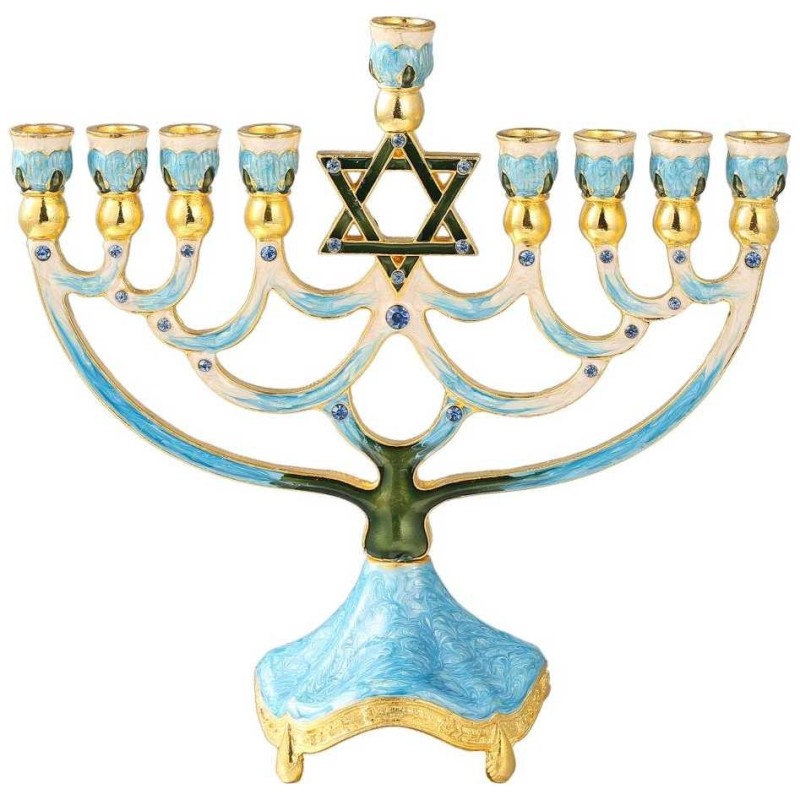 Teal Hand Painted Star of David Crystaled Menorah  | Hanukkah | Judaic