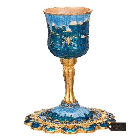 Blue and Gold Hand-Painted Jerusalem Stemmed Kiddu | Kiddush Cups | Ju