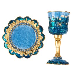 Blue and Gold Hand-Painted Jerusalem Stemmed Kiddu | Kiddush Cups | Ju