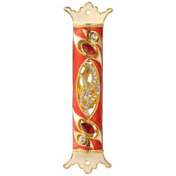 Gold Accented Royal Red Hand Painted Crystalled Me | Mezuzahs | Judaic