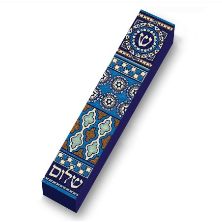 Blue Old Tiles Wood Mezuzah Case | Mezuzahs | Judaica