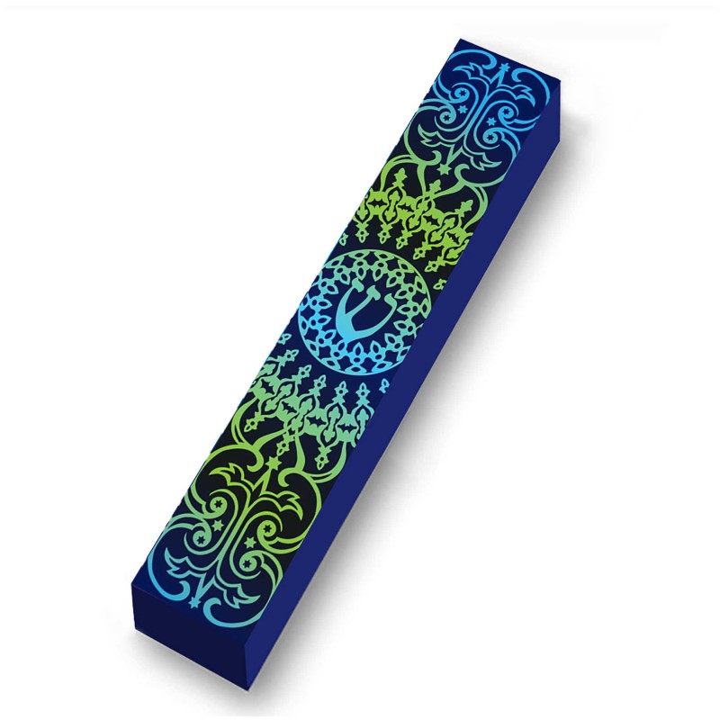 Blue & Green Mandala Wood Mezuzah Case | Mezuzahs | Judaica