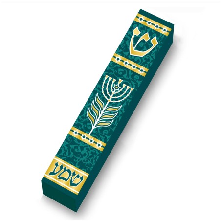 Green Menorah Shema Wood Mezuzah Case | Mezuzahs | Judaica