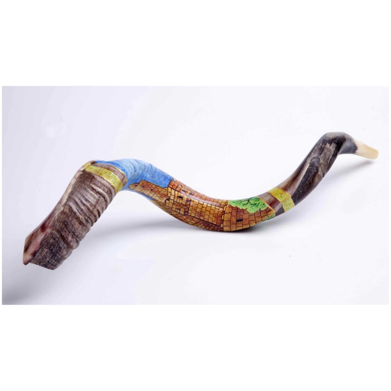 Tower of David Painted Yemenite Shofar - 40" | Rosh Hashanah | Judaica