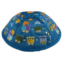 Embroidered Trains Kippah - Blue | Kippahs | Judaica