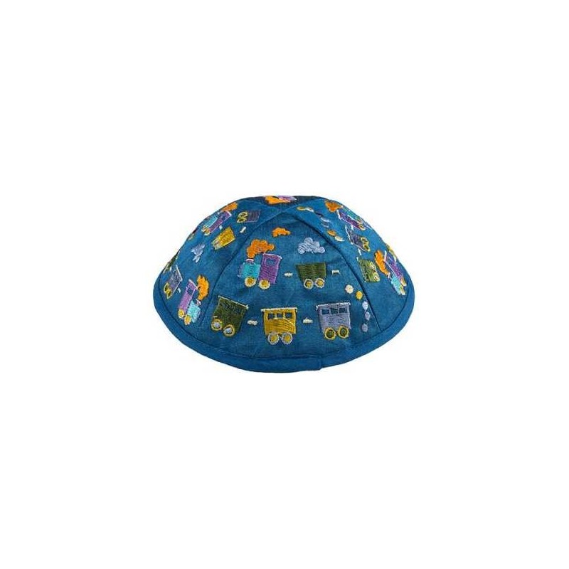 Embroidered Trains Kippah - Blue | Kippahs | Judaica