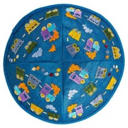 Embroidered Trains Kippah - Blue | Kippahs | Judaica