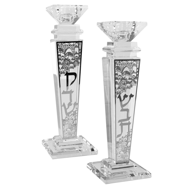 Crystal Square Candlesticks - Silver Shabbat Kodes | Candle Holders |