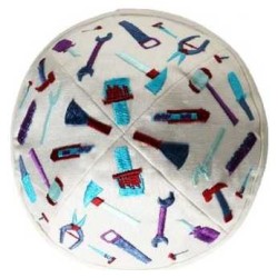 Embroidered Tools Kippah - White | Kippahs | Judaica