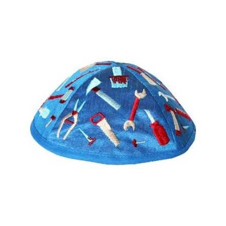 Embroidered Tools Kippah - Blue | Kippahs | Judaica