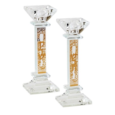 Crystal Square Candlesticks - Gold Shabbat Kodesh  | Candle Holders |