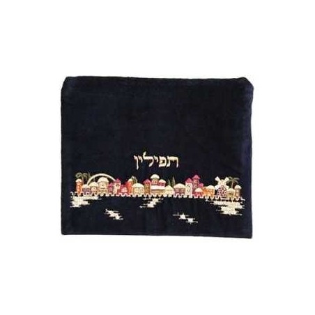Velvet Embroidered Jerusalem Tefillin Bag - Multi- | Tefillin & Access