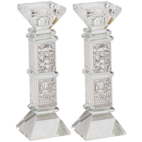 Squared Jerusalem Engraved Crystal Candlesticks Se | Candle Holders |