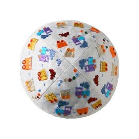 Embroidered Trains Kippah - White | Kippahs | Judaica