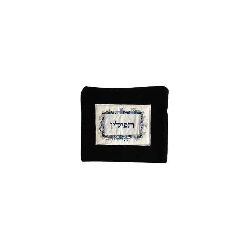 Velvet Embroidered Jerusalem Tefillin Bag - Blue | Tefillin & Accessor