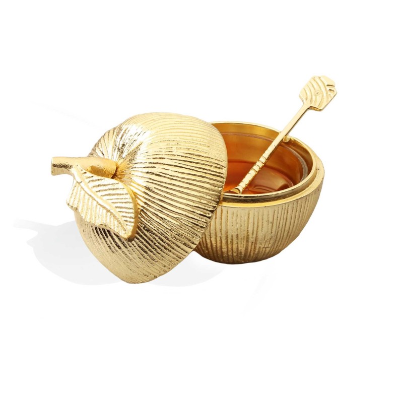 Gold Apple Shaped Honey Jar with Spoon | Rosh Hashanah | Judaica