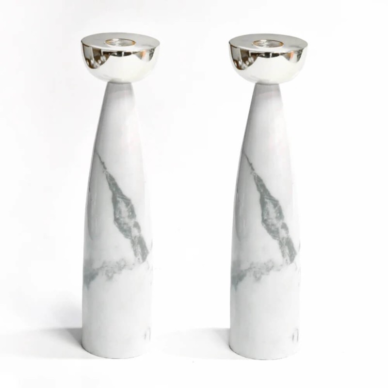 Grey Marble Candlesticks with Silver Holders | Candle Holders | Judaic