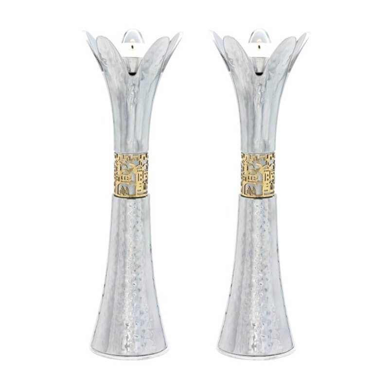 Flower Metal Cutout Candlesticks 8" - Silver | Candle Holders | Judaic