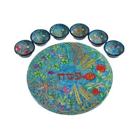 Wood Blue Seven Species Seder Plate | Passover | Judaica