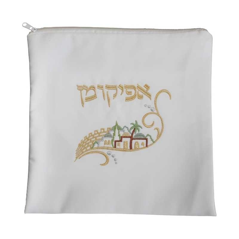 White & Gold Afikomen Bag With Jerusalem Design | Passover | Judaica