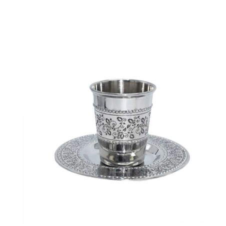 Stainless Steel Kiddush Cup and Plate - Floral Des | Kiddush Cups | Ju
