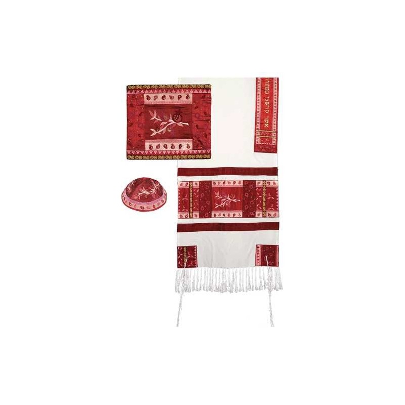 Red Raw Silk Pomegranates Tallit Set By Yair Emanu | Tallit/Tallis | J
