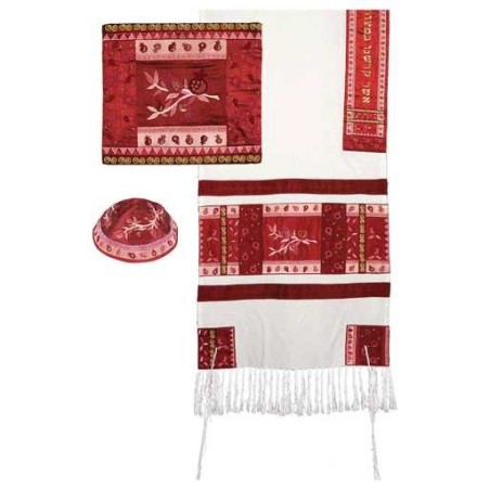 Red Raw Silk Pomegranates Tallit Set By Yair Emanu | Tallit/Tallis | J