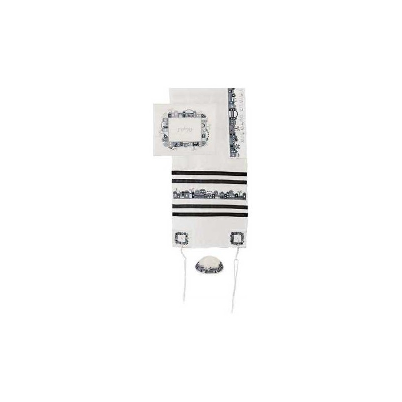 Black and Gray Raw Silk Jerusalem Vista Tallit Set | Tallit/Tallis | J
