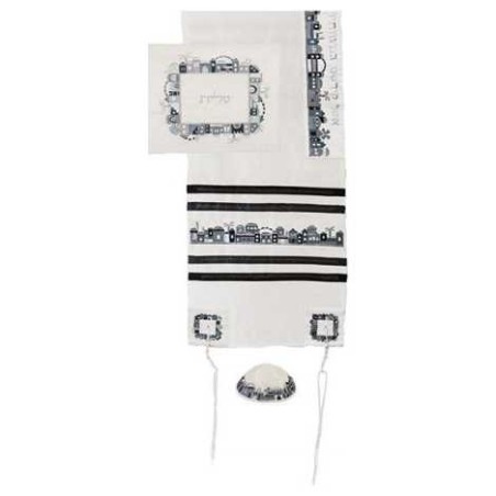 Black and Gray Raw Silk Jerusalem Vista Tallit Set | Tallit/Tallis | J