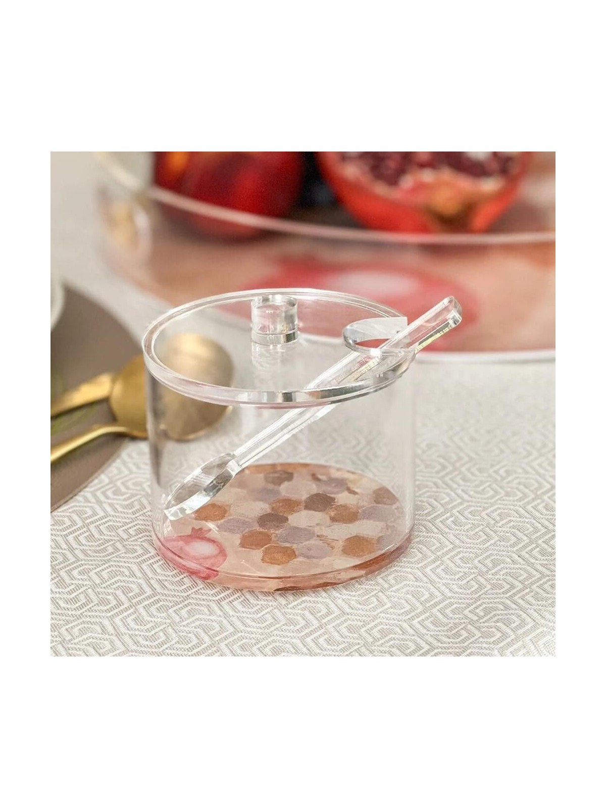 Lucite Honey Dish with Painted Base | Rosh Hashanah | Judaica