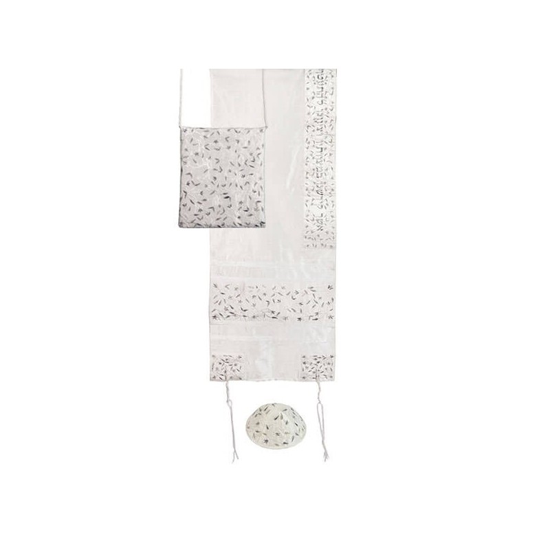 White Silk Climbing Flowers Tallit Set By Yair Ema | Tallit/Tallis | J