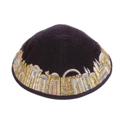 Black Velvet Embroidered Jerusalem Border Kippah B | Kippahs | Judaica