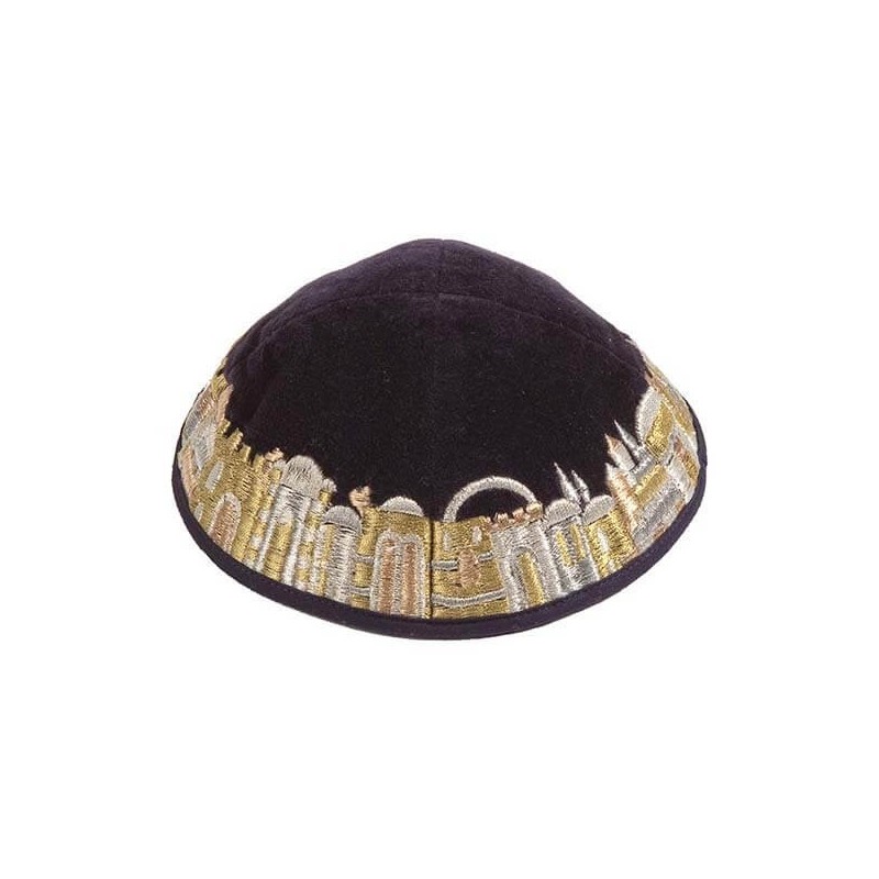 Black Velvet Embroidered Jerusalem Border Kippah B | Kippahs | Judaica