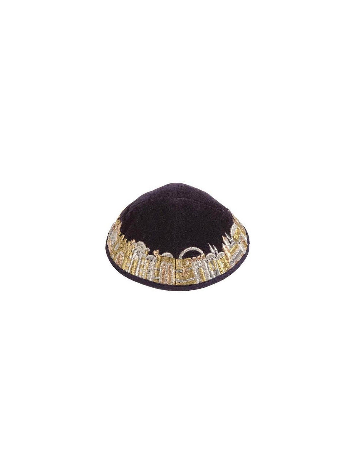 Black Velvet Embroidered Jerusalem Border Kippah B | Kippahs | Judaica