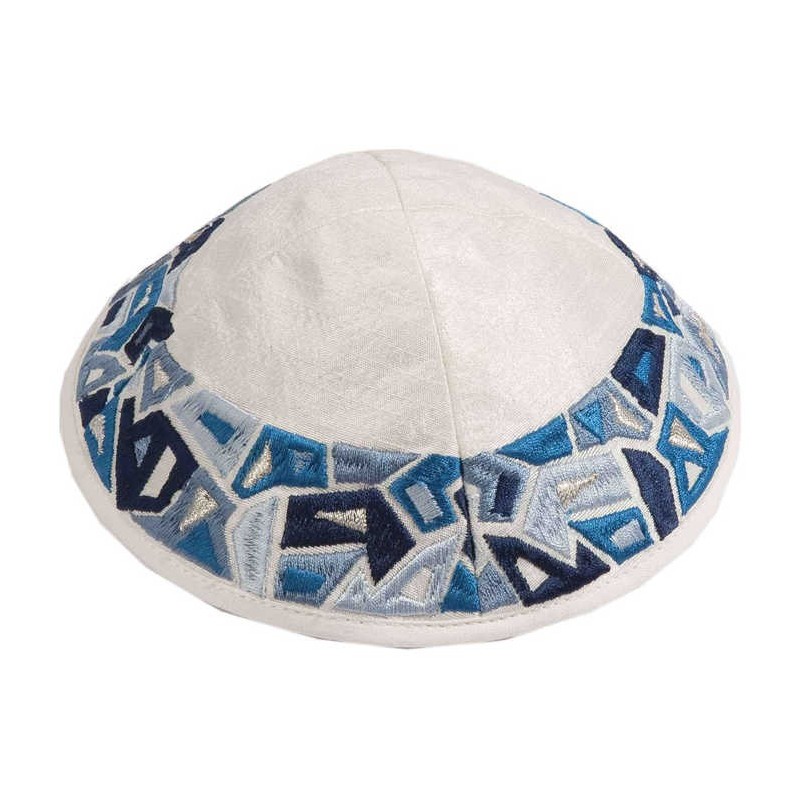 Blue Embroidered Triangles Kippah By Yair Emanuel | Kippahs | Judaica