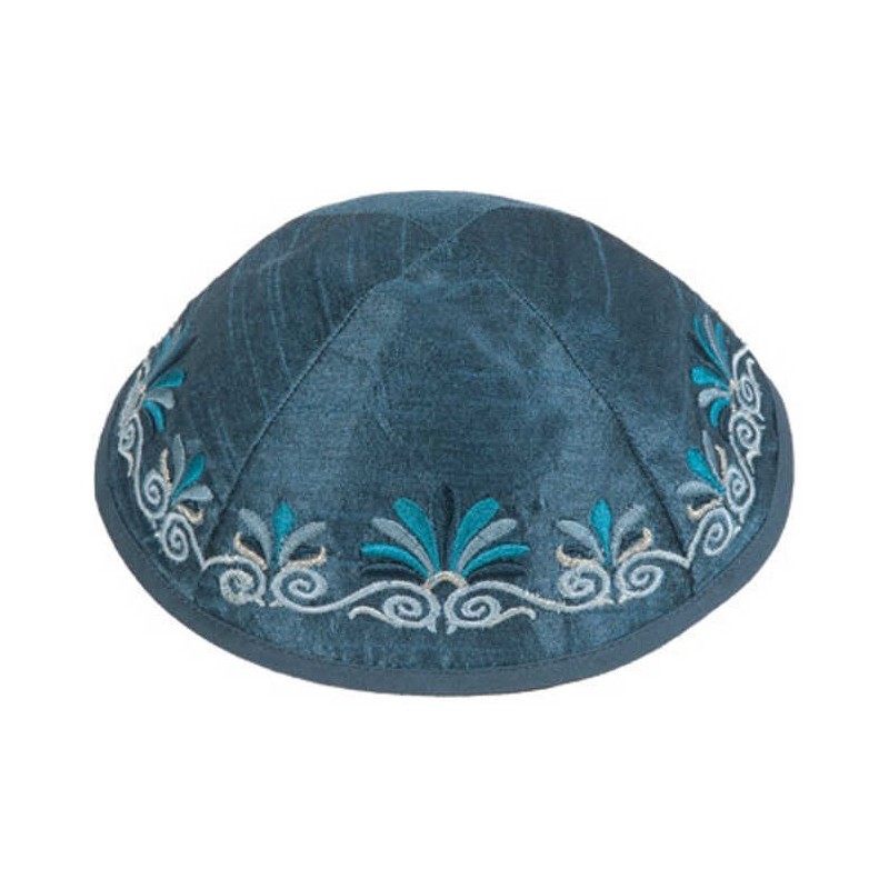 Blue Embroidered Date Palm Kippah By Yair Emanuel | Kippahs | Judaica