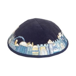 Blue Velvet Embroidered Jerusalem Border Kippah By | Kippahs | Judaica