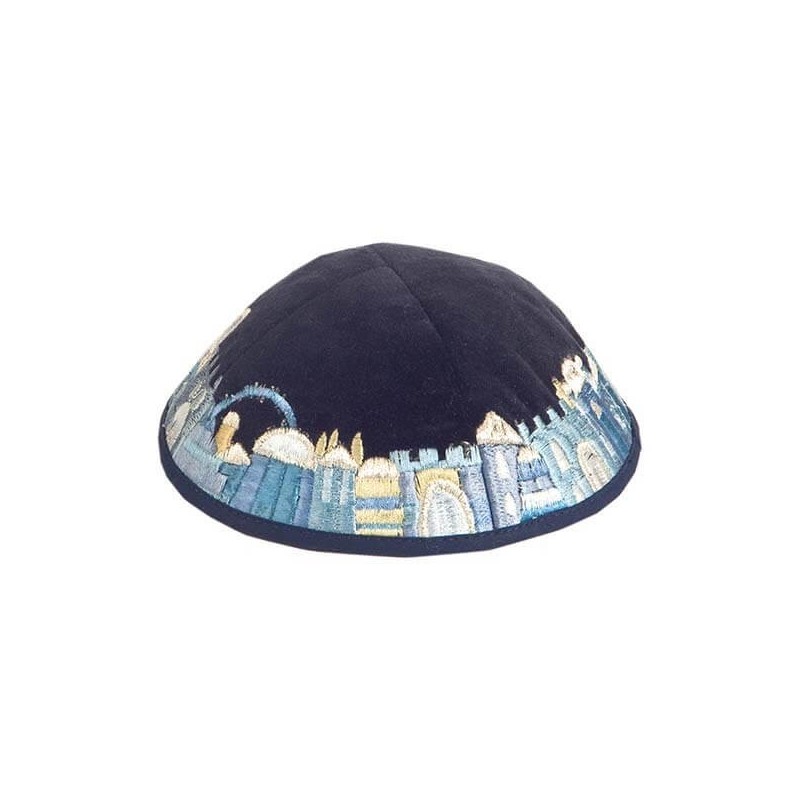 Blue Velvet Embroidered Jerusalem Border Kippah By | Kippahs | Judaica
