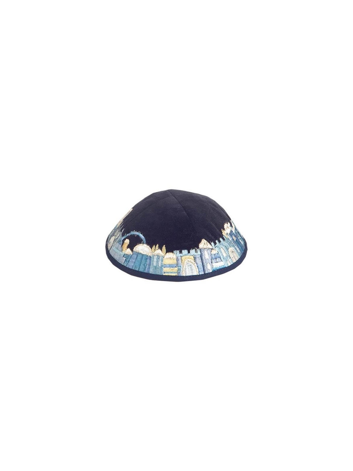 Blue Velvet Embroidered Jerusalem Border Kippah By | Kippahs | Judaica