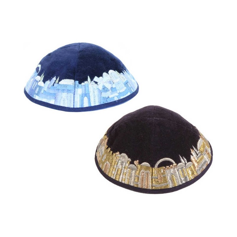Blue Velvet Embroidered Jerusalem Border Kippah By | Kippahs | Judaica
