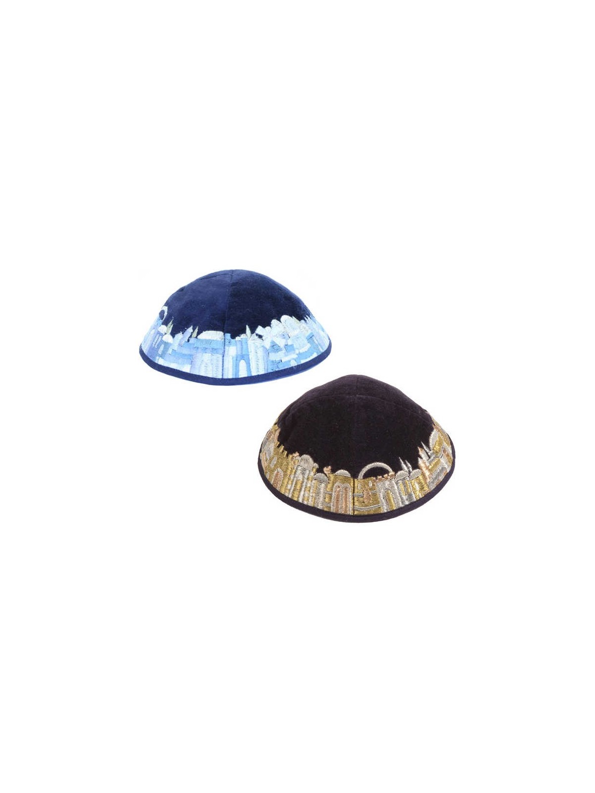 Blue Velvet Embroidered Jerusalem Border Kippah By | Kippahs | Judaica